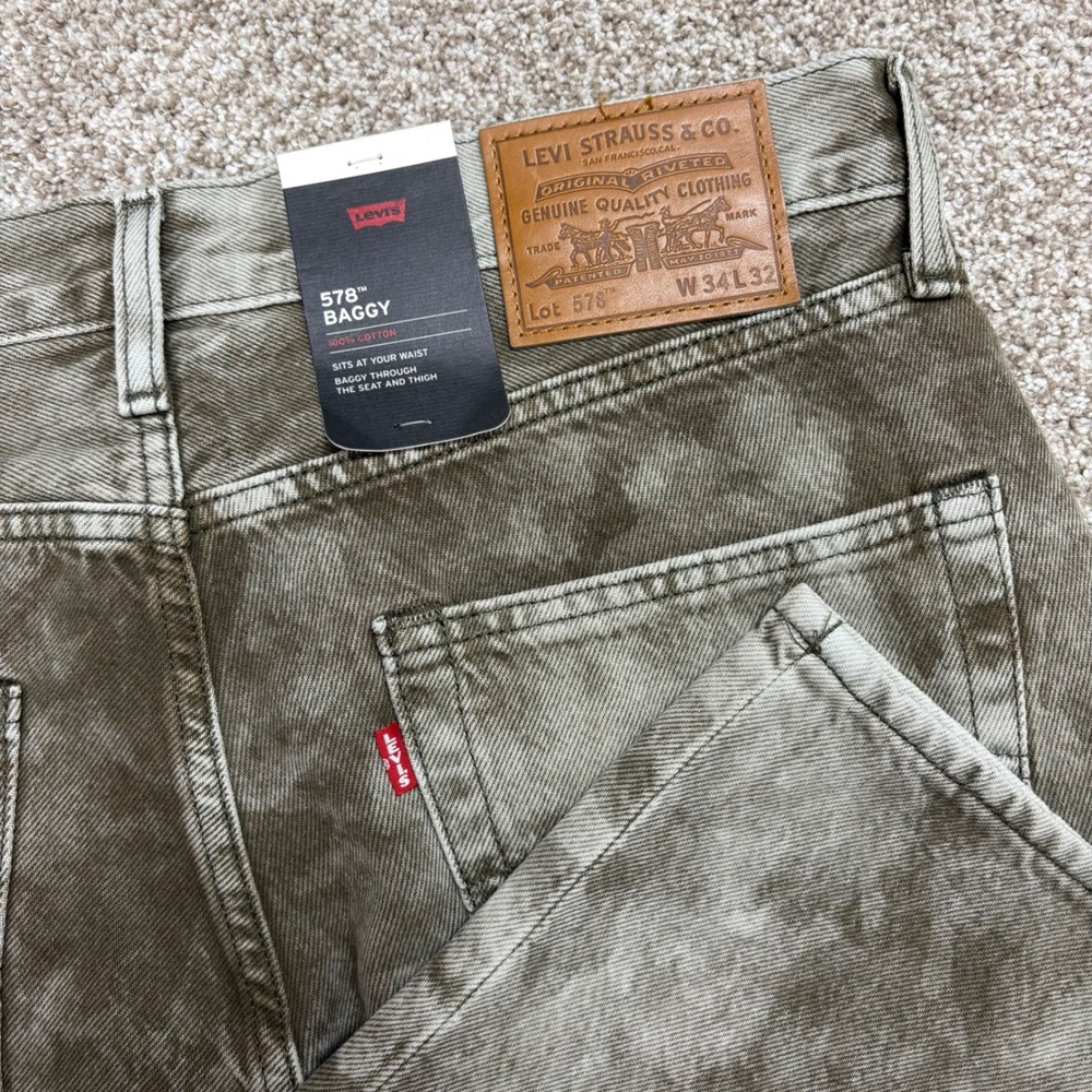 NEW Levi's 578 Premium Baggy Jeans Mens 34x32 Camo Olive Green Acid Wash
